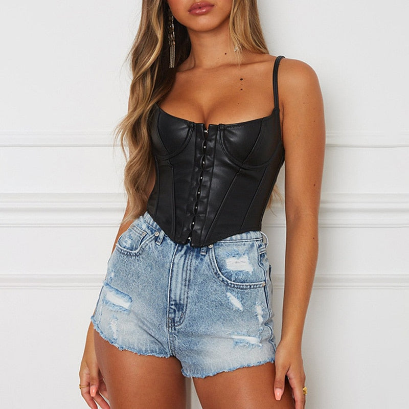 lovevop  Black PU Leather Bustier Corset Top Women Spaghetti Strap Backless Faux Leather Crop Top Fashion Streetwear Tops For Summer