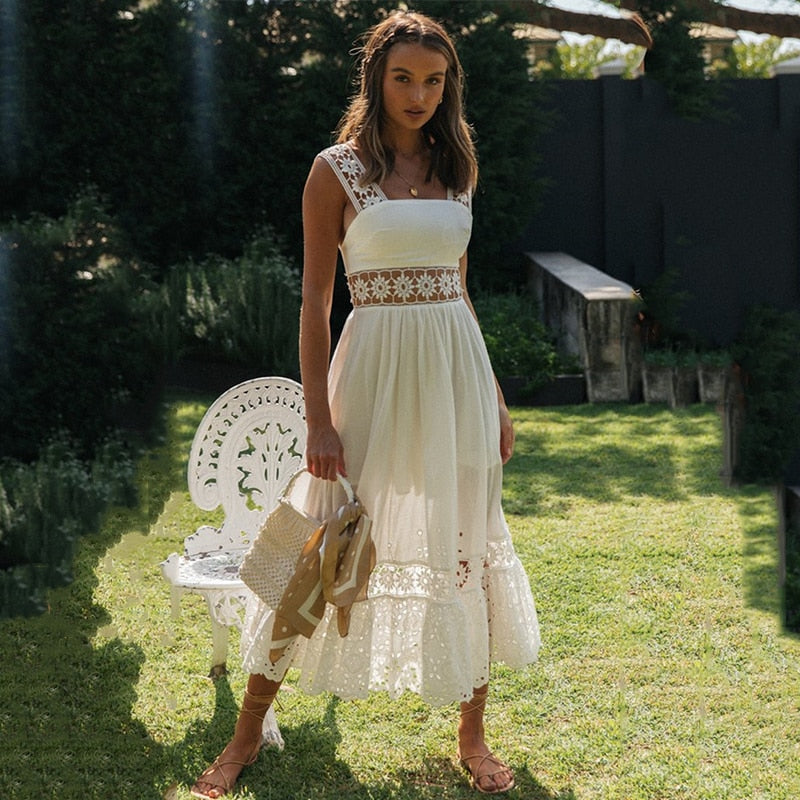 Back to college Elegant Женское Платье Strap Embroidery White Midi Dress Hight Waist Lace Hollow Out Ladies Vintage Vestido Spring Summer