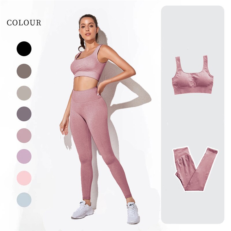 lovevop Women's Sportswear Yoga Set Workout Clothes Athletic Wear Sports Gym Legging Seamless Fitness Bra Crop Top Long Sleeve Yoga Suit