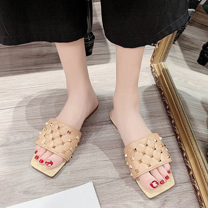 Back To School lovevop  Woman Rivet Slippers Women Fashion Square Toe Slides Sewing Flats Women's Shoes Female Casual Summer Outdoor Footwear Plus Size