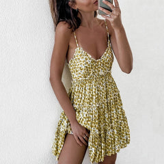 Back to college   Floral Print Женское Платье Sleeveless Spaghetti Strap Summer Mini Dress A-Line Ruffled Backless Vintage Beach Vestido