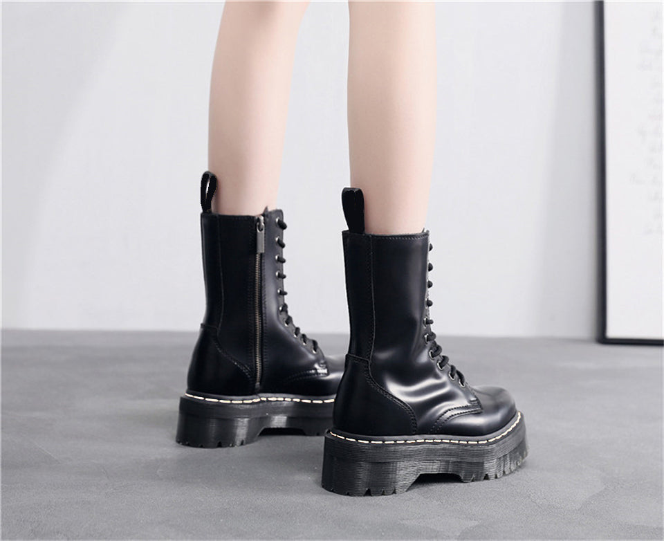 lovevop  Brand Women Platform Boots Winter Genuine Leather Motorcycle Boot Wedges Female Lace Up Zipper Combat Boots Black High-Top Shoes