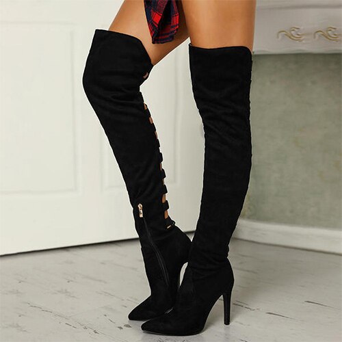 Back to school outfit lovevop  Women   Black Long Boots Women's Hollow Out Over The Knee Boots Ladies High Thin Heel Pointed Toe Party Pumps Female Shoes