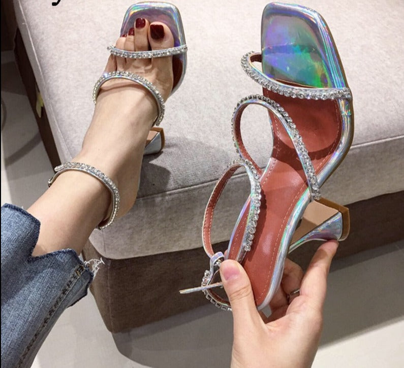 lovevop   New Design Square Toe Sandals Fashion Crystal Diamond PU Leather Ankle Buckle Strap Strange Heels Shoes Woman Summer