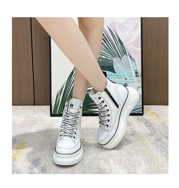 lovevop  7Cm Platform Wedge Sneakers Hidden Heel High Top Genuine Leather Women Casual Shoes Sneakers Za Fashion Casual Boots White