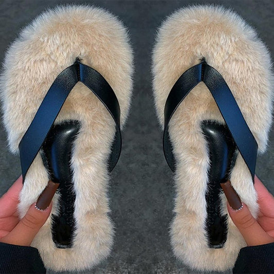 Back to school lovevop  Women Fur Rhinestone Slippers Platform Wedges Heel Solid Fluffy Furry Slides Outside   Shoes Ladies Comfortable Female Flats