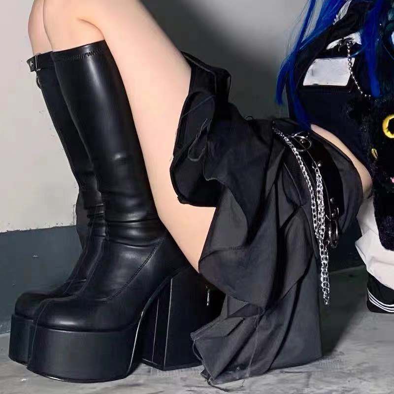 Back to school outfit lovevop  Women Boots High Heels Chunky Platform Black Big Size 43 Winter Boots Knee High Boot Zipper Matrin Boot Party Shoes