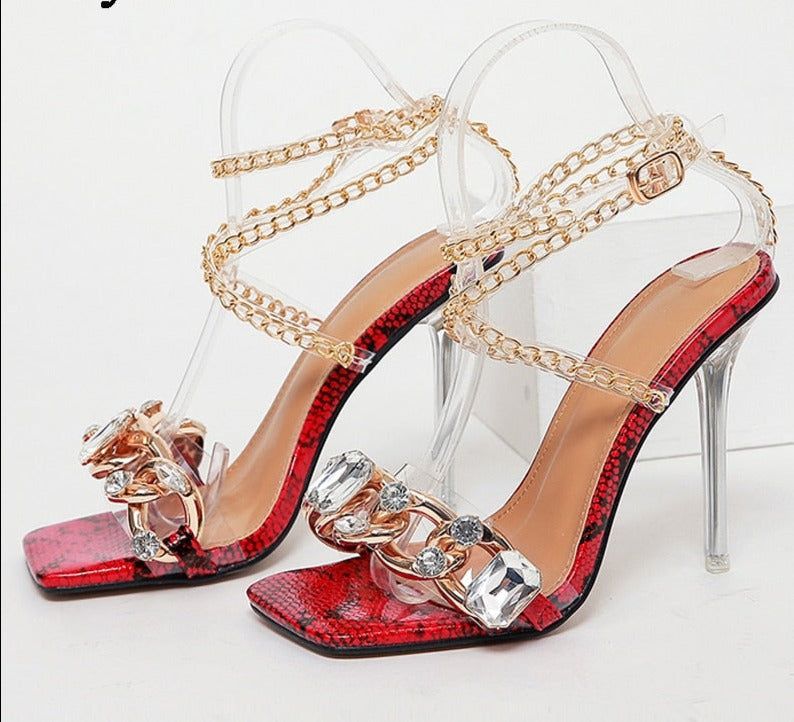 lovevop    Newest Crystal Chain Women Sandals Summer Party Wedding Shoes   Fashion Square Toe Transparent Perspex Stiletto Heels