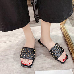 Back To School lovevop  Woman Rivet Slippers Women Fashion Square Toe Slides Sewing Flats Women's Shoes Female Casual Summer Outdoor Footwear Plus Size