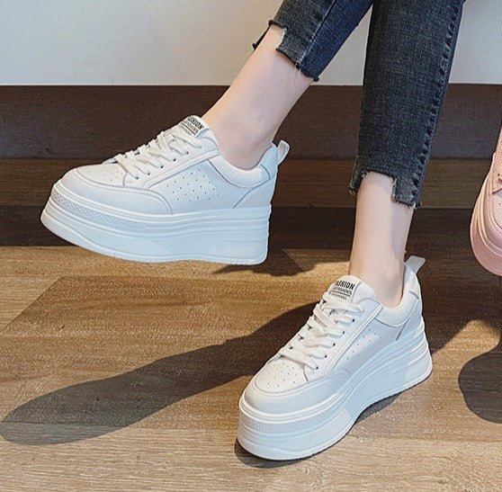 lovevop  8Cm Genuine Leather Women Casual Shoes Chunky Sneakers Platform Wedge Hidden Heel Women Leisure Shoes Spring Autumn White