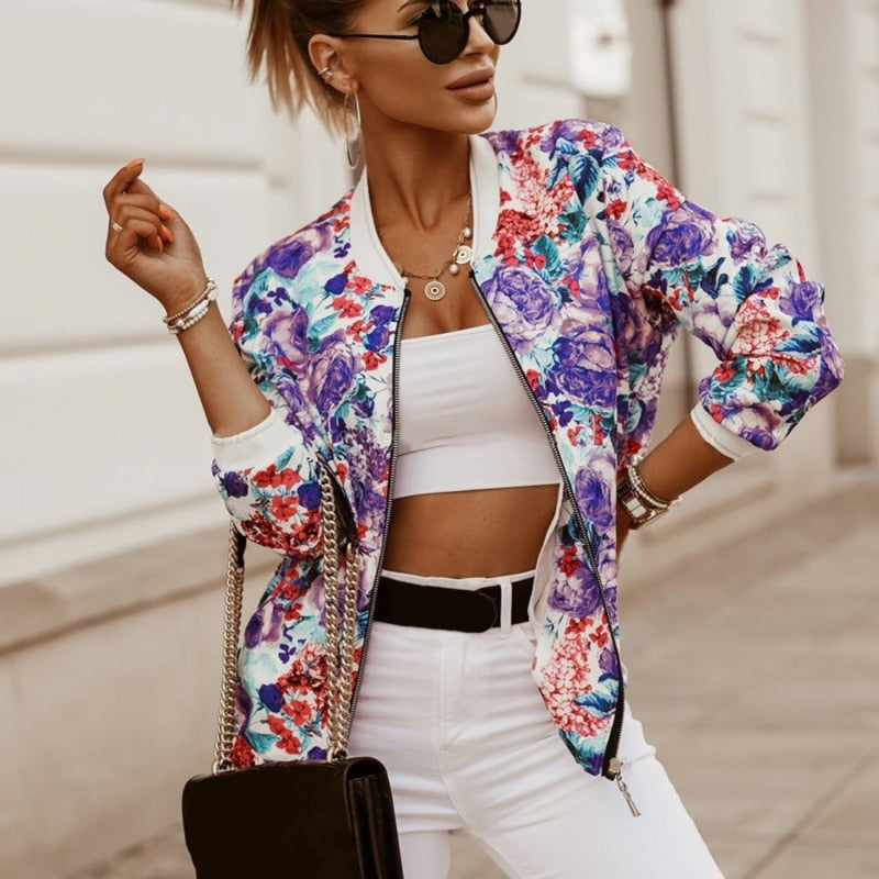 lovevop  Flower Print Long Sleeve Women's Bomber Jacket Fashion Zipper Up Vintage Coat Tops Elegant Slim Basic Ladies Jackets Outwear