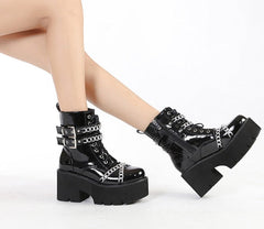 Thanksgiving  lovevop  Women Shoes Boots Black Dark Cool Thick Bottom Platform Harajuku Shoes With Metal Chain Gothic Punk Girls Shoes Footwear