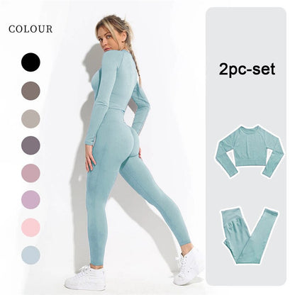 lovevop Women's Sportswear Yoga Set Workout Clothes Athletic Wear Sports Gym Legging Seamless Fitness Bra Crop Top Long Sleeve Yoga Suit