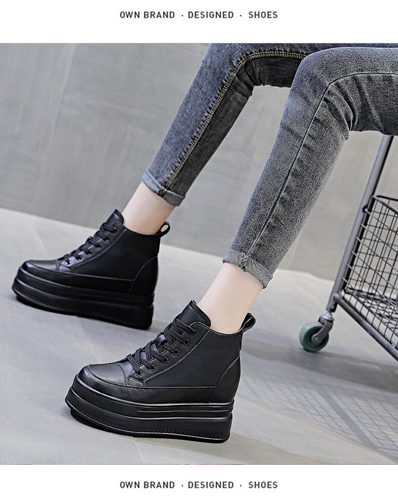 lovevop  9Cm Genuine Leather Women Casual Shoes Chunky Sneakers Za Platform Wedge Hidden Heel Height High Top Women Vulcanized Shoe