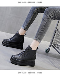 lovevop  9Cm Genuine Leather Women Casual Shoes Chunky Sneakers Za Platform Wedge Hidden Heel Height High Top Women Vulcanized Shoe