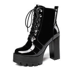 lovevop   Thick High Heeled Female Patent Leather Ankle Boots Round Toe Lace-Up Zipper Women Short Boots Gothic Women Shoes