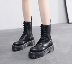 lovevop  Brand Women Platform Boots Winter Genuine Leather Motorcycle Boot Wedges Female Lace Up Zipper Combat Boots Black High-Top Shoes