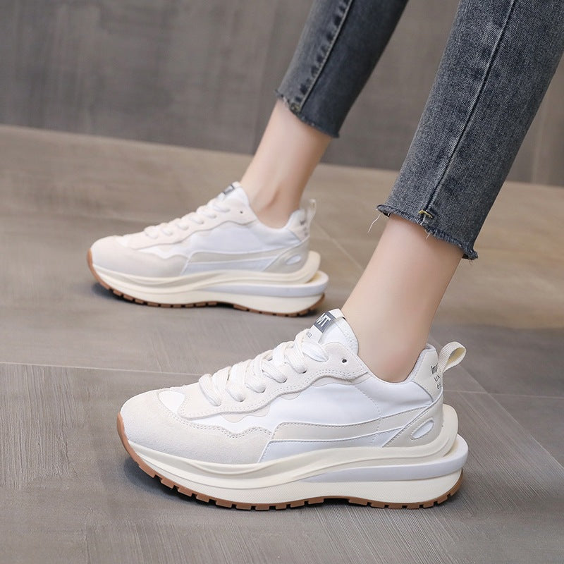 lovevop  2024 Genuine Leather Cross Tied Sport Shoes Woman Ins Luminous Chunky Women Sneakers Mixed Colors Platform Casual Shoes