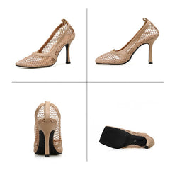 lovevop  9Cm Summer Autumn   Mesh Pumps Sandals Female Square Toe High Heel Chain Stiletto Hollow Party Dress Pumps Shoe Sandals