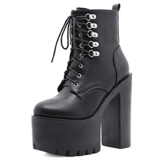 Thanksgiving  lovevop  Ultra High Heels Women Motorcycle Boots Gothic Style   Rivet Black Soft Leather Plaform Chunky Heel Punk Knight Boots