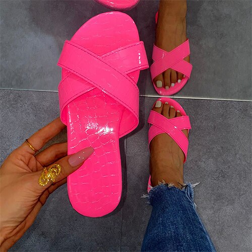 Back To School lovevop  Women Cross Slippers Summer Women's Casual Slides Female Beach Shoes Female Open Toe Solid Footwear Ladies Comfort Flat Big Size