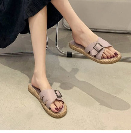 Back To School lovevop  Women Summer Buckle Slippers Woman  Hemp Casual Flats Ladies Comfort Home Footwear Female Outdoor Beach Shoes Plus Size