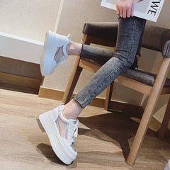 lovevop  8Cm Genuine Leather Women Casual Shoes Chunky Sneakers Platform Wedge Hidden Heel Women Leisure Shoes Spring Autumn White