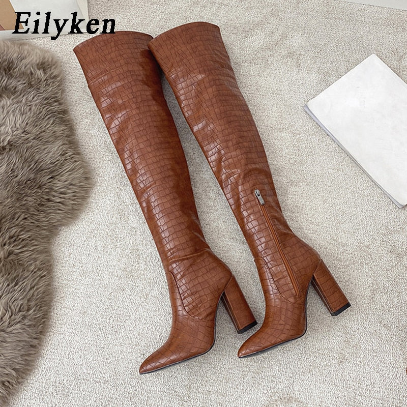 Aomzae Embossed Women High Heel Boots Designer Chunky Heel Shoes Microfiber Leather Long Boots Over-the-Knee Botas Mujer
