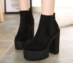 lovevop  Fashion Black Ankle Boots For Women Thick Heels Spring Autumn Flock Platform Shoes High Heels Black Zipper Ladies Boots