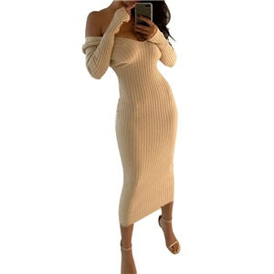 lovevop  Spring Autumn   Deep V-Neck Casual Knitted Dress Women Fashion Long Sleeve Sweater Dresses   Package Hip Long Dress