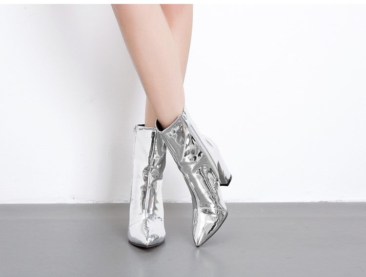 lovevop  Fashion Gold Silver Patent Leather Women Ankle Boots Pointed Toe Square Heel Boots Stiletto Women Pumps Chelsea Boots