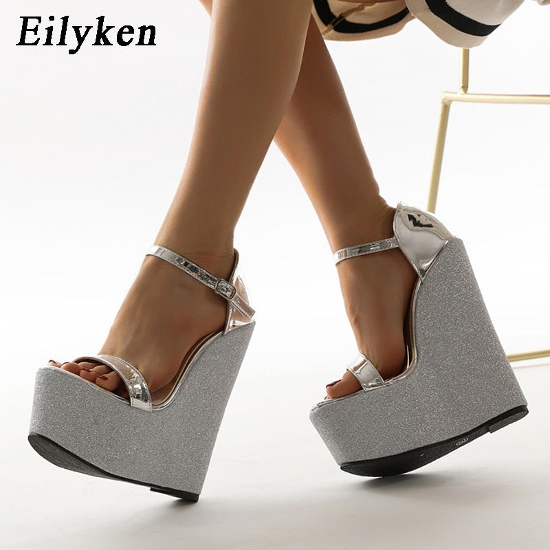 Aomzae  New Summer Silver Women's High Heels Sandals Platform Buckle Wedges Front Open Toe Ladies Shoes size 35-42