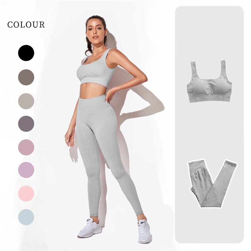 lovevop Women's Sportswear Yoga Set Workout Clothes Athletic Wear Sports Gym Legging Seamless Fitness Bra Crop Top Long Sleeve Yoga Suit