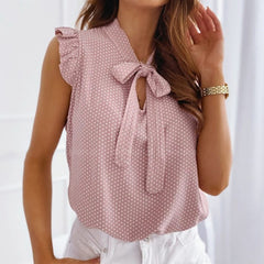 Back to school outfit lovevop  Summer Butterfly Short Sleeve Shirt Elegant Polka Dot Bandage Women Shirts Blouse  Casual Female Ruffle Pullover Tops Blusa