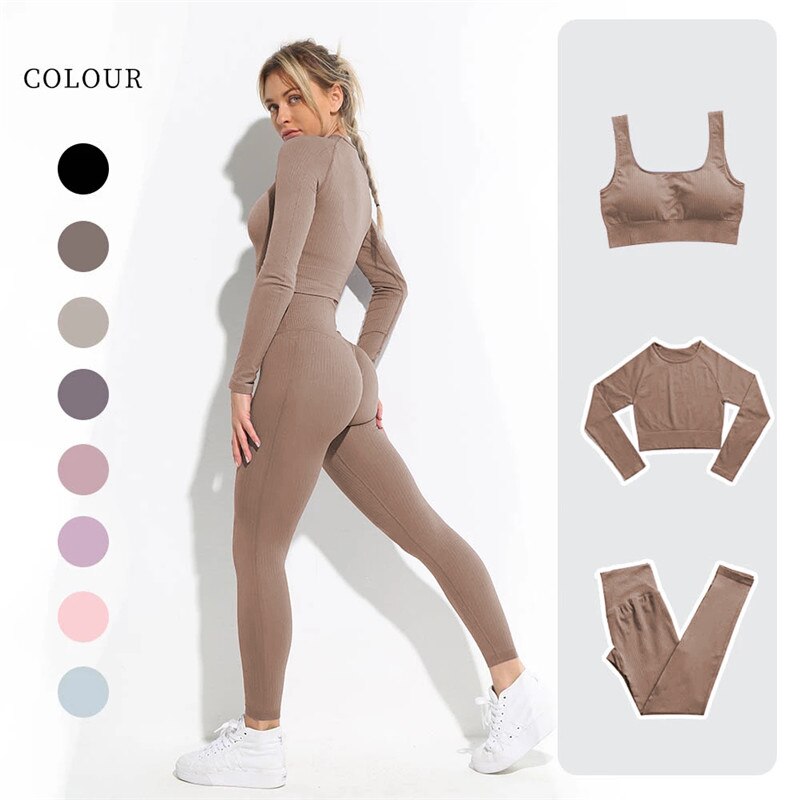 lovevop Women's Sportswear Yoga Set Workout Clothes Athletic Wear Sports Gym Legging Seamless Fitness Bra Crop Top Long Sleeve Yoga Suit