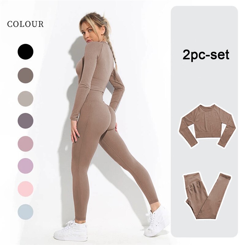 lovevop Women's Sportswear Yoga Set Workout Clothes Athletic Wear Sports Gym Legging Seamless Fitness Bra Crop Top Long Sleeve Yoga Suit