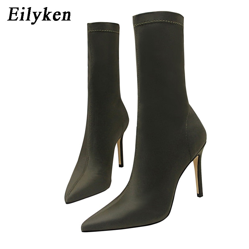 lovevop  Winter Fashion Women Boots Beige Pointed Toe Elastic Ankle Boots Heels Shoes Autumn Winter Female Socks Boots