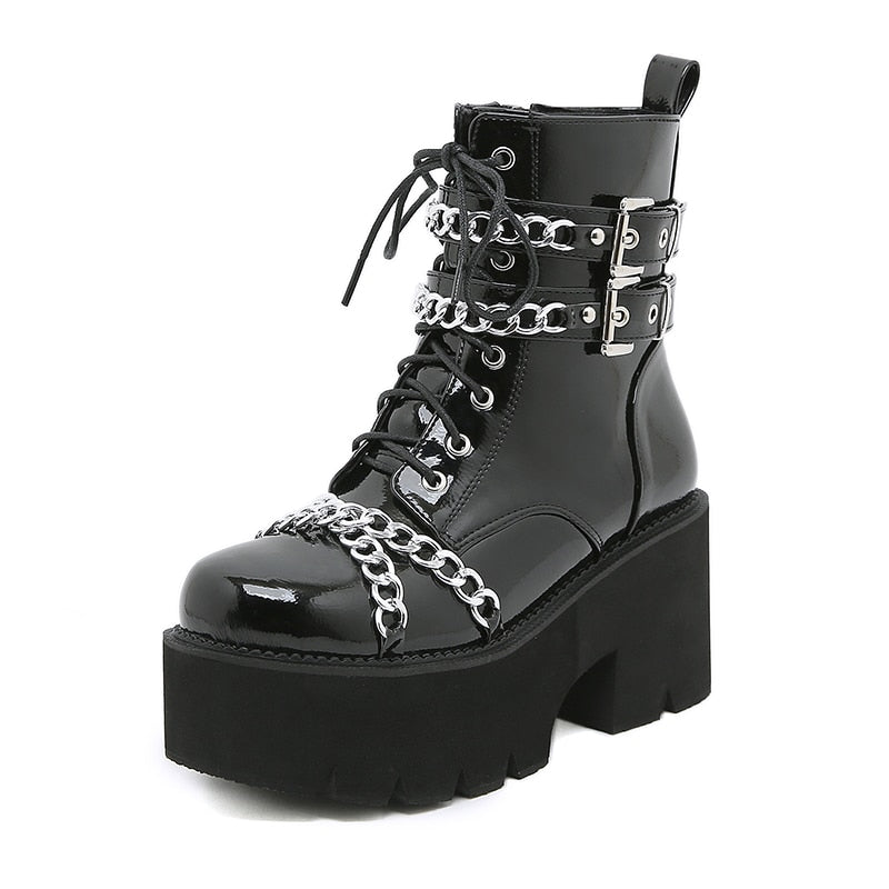 Thanksgiving  lovevop  Women Shoes Boots Black Dark Cool Thick Bottom Platform Harajuku Shoes With Metal Chain Gothic Punk Girls Shoes Footwear