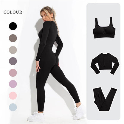 lovevop Women's Sportswear Yoga Set Workout Clothes Athletic Wear Sports Gym Legging Seamless Fitness Bra Crop Top Long Sleeve Yoga Suit