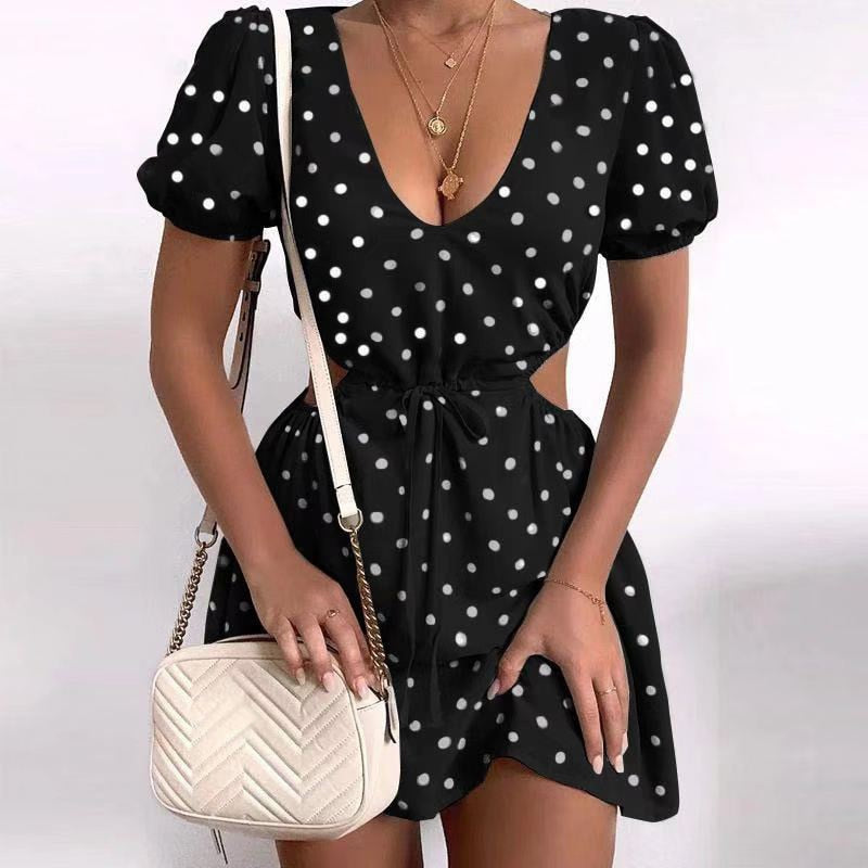 Back to college Fashion   Summer   Puff Sleeve Backless Mini Dress Polka Dot Hollow Out Lace Up Vintage Party Dresses