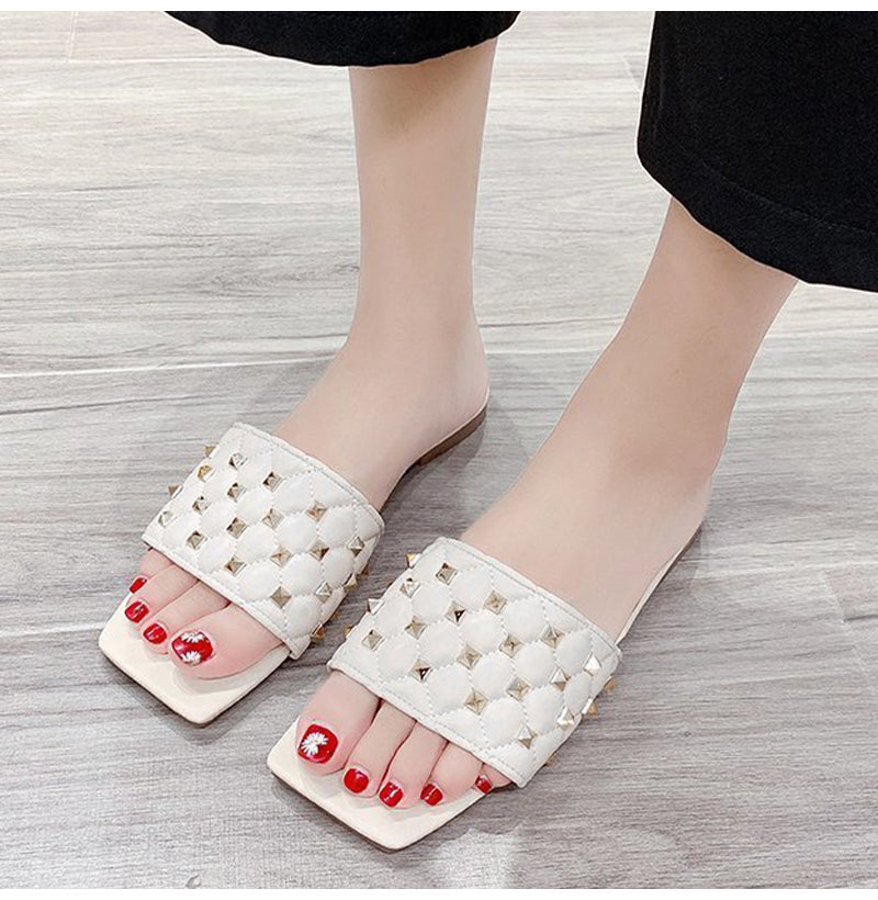 Back To School lovevop  Woman Rivet Slippers Women Fashion Square Toe Slides Sewing Flats Women's Shoes Female Casual Summer Outdoor Footwear Plus Size