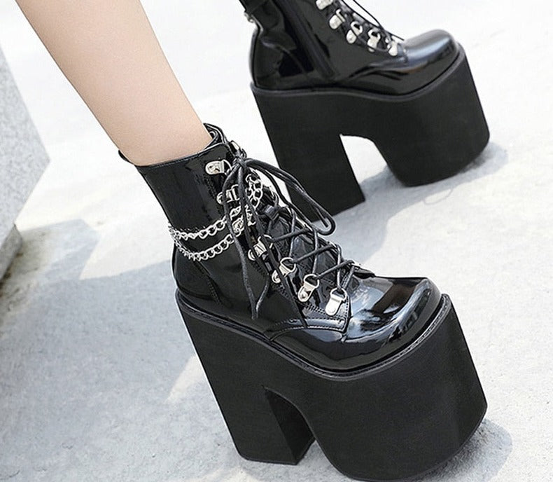 lovevop  Height 17Cm Nightclub Stage Ankle Booties Women Extreme Thick Platform Heel Gothic Punk Shoes Girls   Chain Party Boot