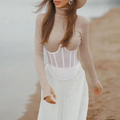 lovevop 2024 Women's Waist Corset Fashion Vintage Lace Up Underbust Corset Top Tight Transparent Mesh Crop Top Female