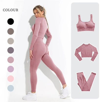 lovevop Women's Sportswear Yoga Set Workout Clothes Athletic Wear Sports Gym Legging Seamless Fitness Bra Crop Top Long Sleeve Yoga Suit