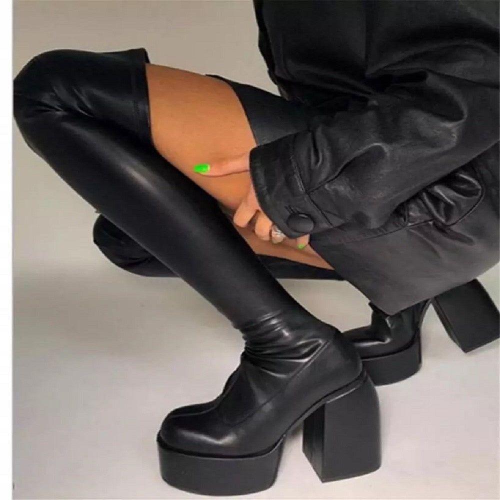 Back to school outfit lovevop  Women Boots High Heels Chunky Platform Black Big Size 43 Winter Boots Knee High Boot Zipper Matrin Boot Party Shoes