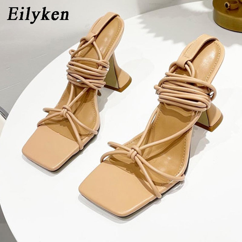 Aomzae  New Design Ankle Strap Sandals Women Square heel Party Lace-Up Summer Strange Style Sandal Shoes size 41 42