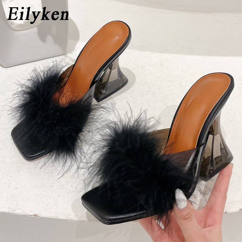 Aomzae Woman Feather Transparent Strange High heels Fur Slippers Sandals Women Peep toe Mules Lady Pumps Slides size 35-41