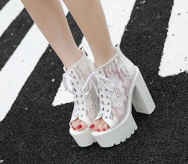 lovevop  Peep Toe Summer Ankle Boots For Women High Heel Shoes Model Party Lace Up Wedding Shoes For Women Bride White Rubber Sole