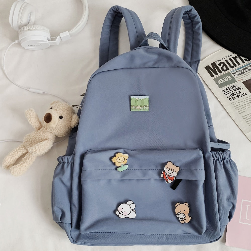 Back to college Women Nylon Cute Backpack Bear Female Student College School Bag Badge Girl Doll Backpack Kawaii Book Ladies Fashion Bags Trendy