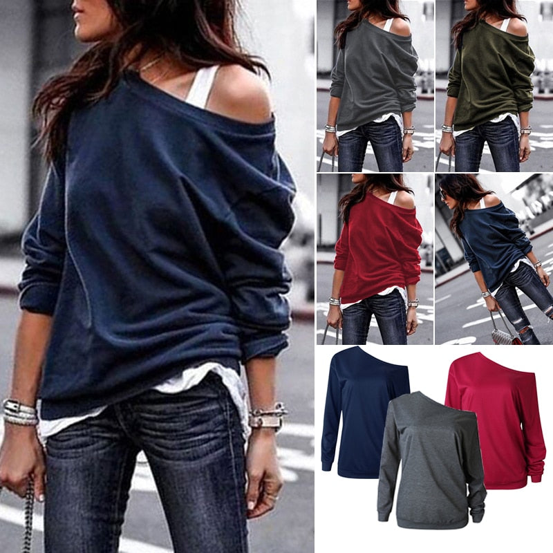 lovevop  Back to school  Autumn Blouse One Shoulder Tops Solid Shirt Female Clothes Outwear Casual Female Knitted Loose Shirts Women Long Sleeve